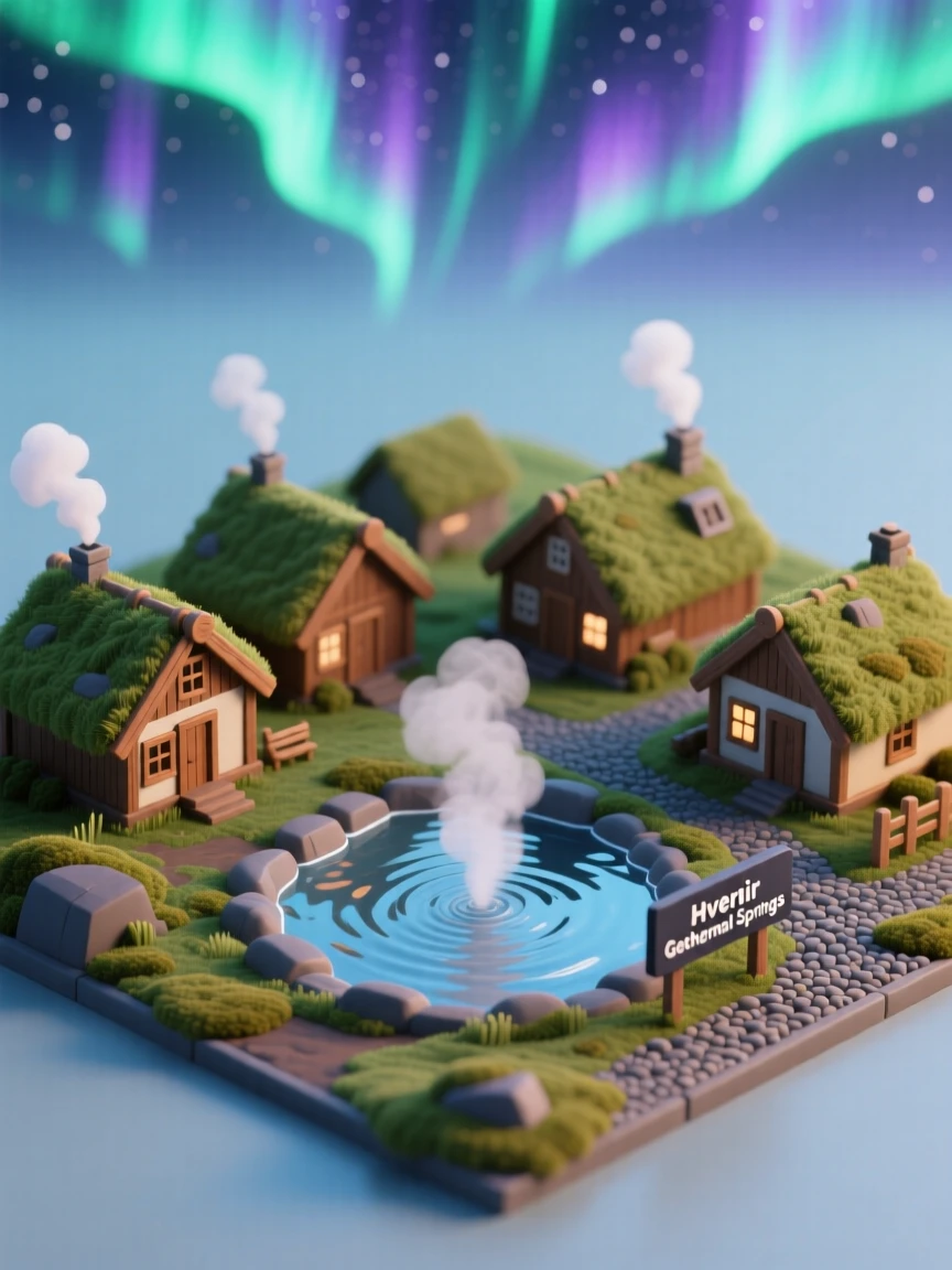 A miniature Icelandic village near a geothermal spring, with steam rising from natural pools, turf-roofed houses, and the northern lights dancing overhead.