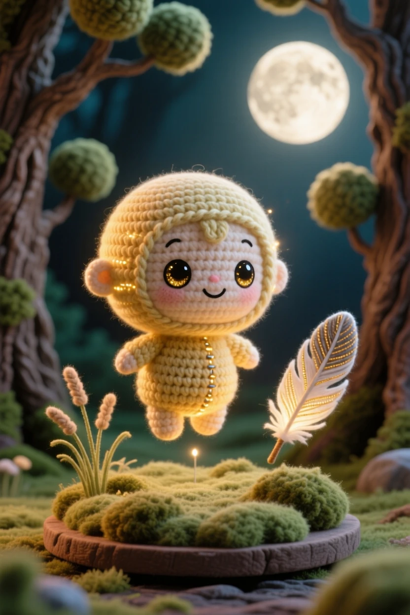 A charming portrait of a round baby will-o'-the-wisp, glowing softly with a warm golden light, drifting above a quiet marsh beside a single floating feather catching the light in a moonlit clearing surrounded by ancient trees, conveying joyful mischief and sparkling delight.