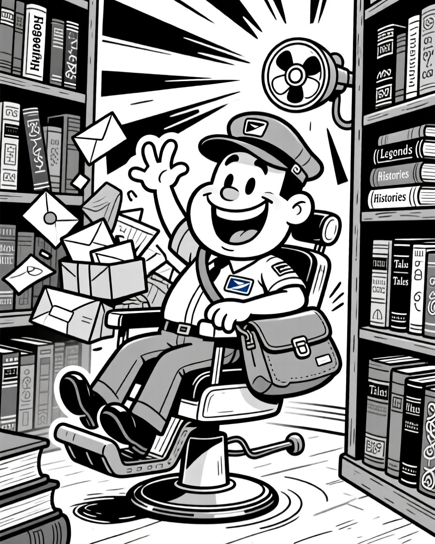 A friendly mail carrier with an overstuffed satchel, spinning the barber chair with a flourish, set among towering shelves of ancient books. A siren light spins in the background. It feels like a warm nod to the people who keep the world running.