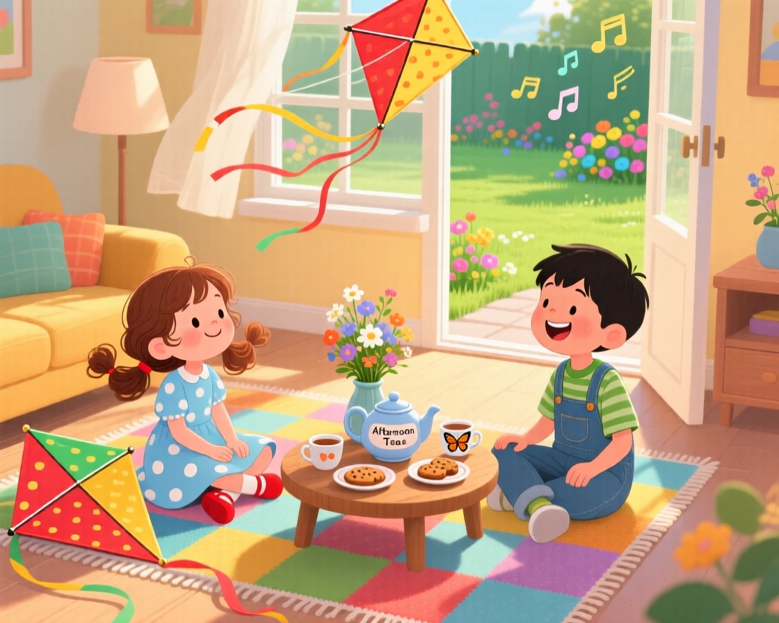 A girl with a kite spends the afternoon having a tea party on the living room floor with her older brother, with laughter echoing through the yard.