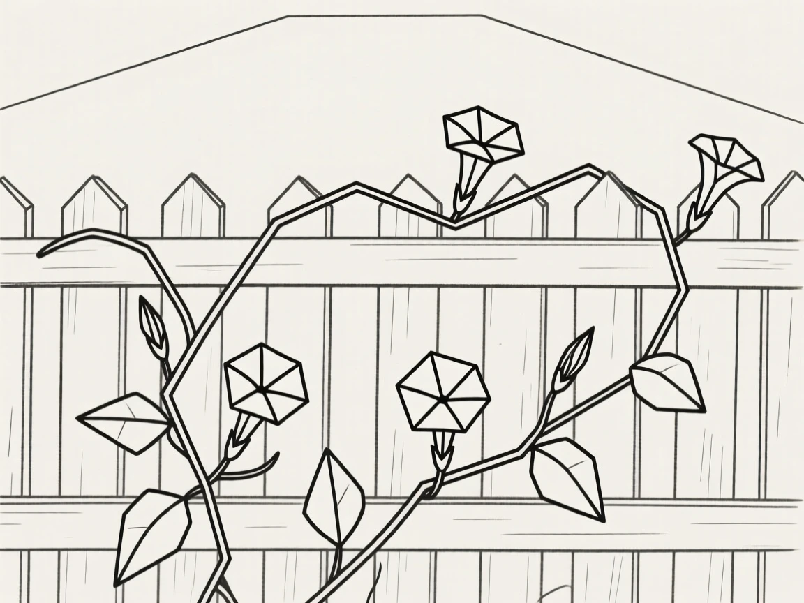 A morning glory vine climbing a garden fence