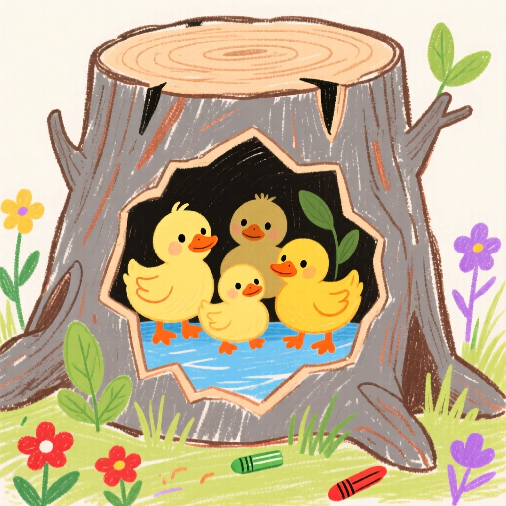 A family of ducklings living inside a cozy hollow tree stump.