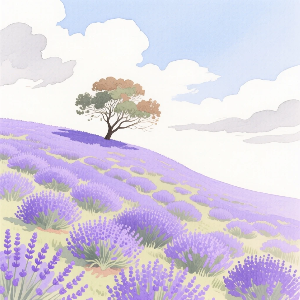 A breathtaking view of a lavender-covered hillside beneath drifting clouds, where a lone tree stands on a ridge
