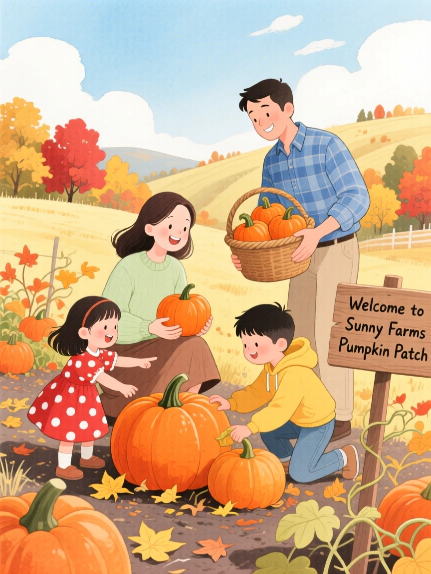 A heartwarming moment showing a family harvesting pumpkins together in autumn.