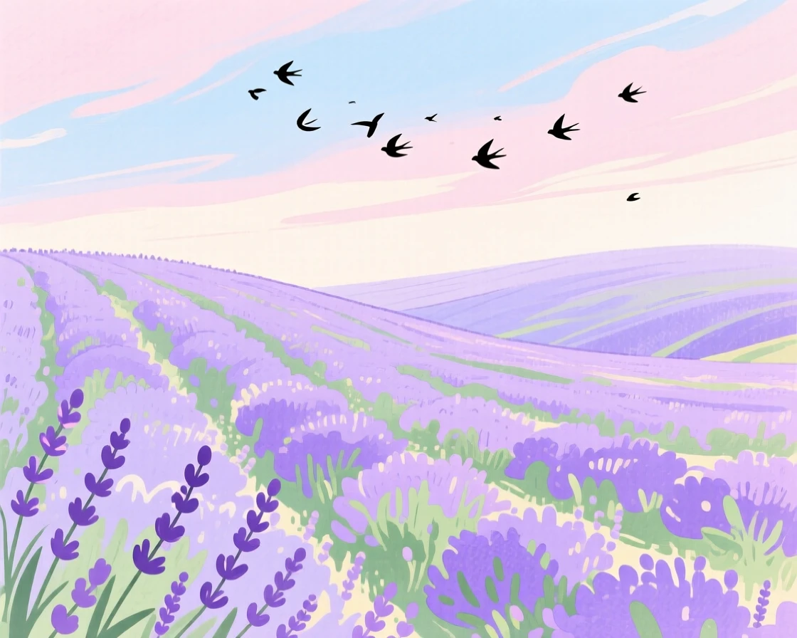 Rolling lavender fields stretching to a pastel horizon, with a flock of birds silhouetted against the sky, evoking peaceful serenity and awe.