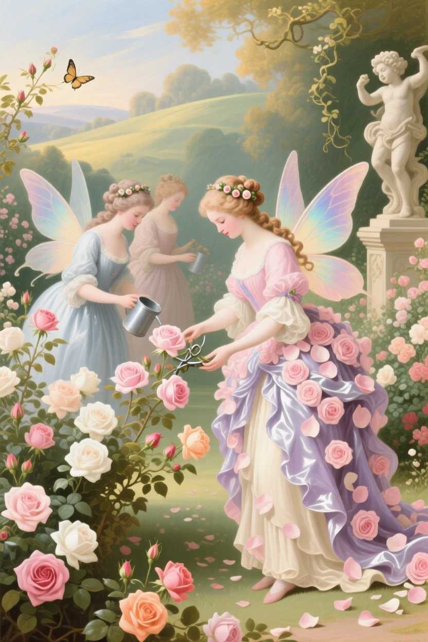 A rose garden tended by fairies wearing gowns made of petals  