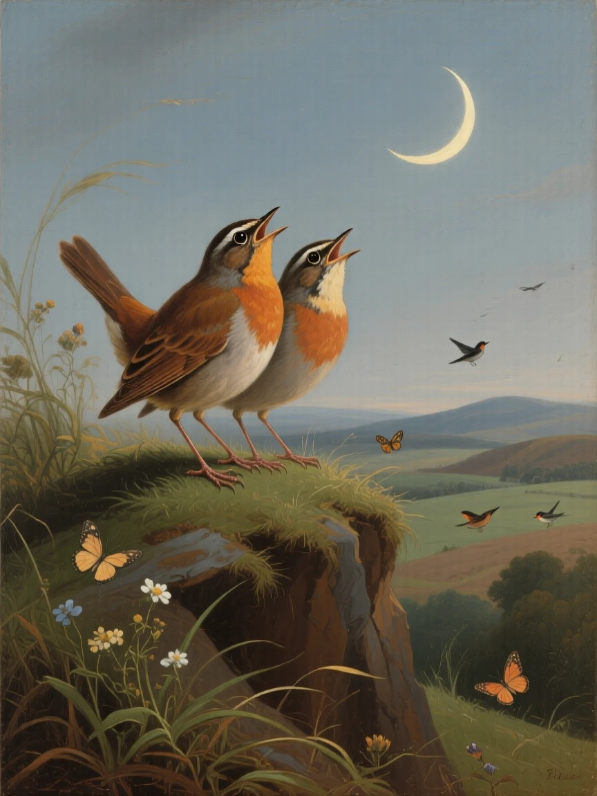 A pair of nightingales singing together beneath a crescent moon captured in a moment of wild grace and quiet power, set atop a windswept ridge overlooking a vast, open landscape, with small birds or butterflies adding quiet movement to the scene; soft depth of field isolates the animal against a dreamlike backdrop, capturing a quiet, breathtaking moment of wild grace.