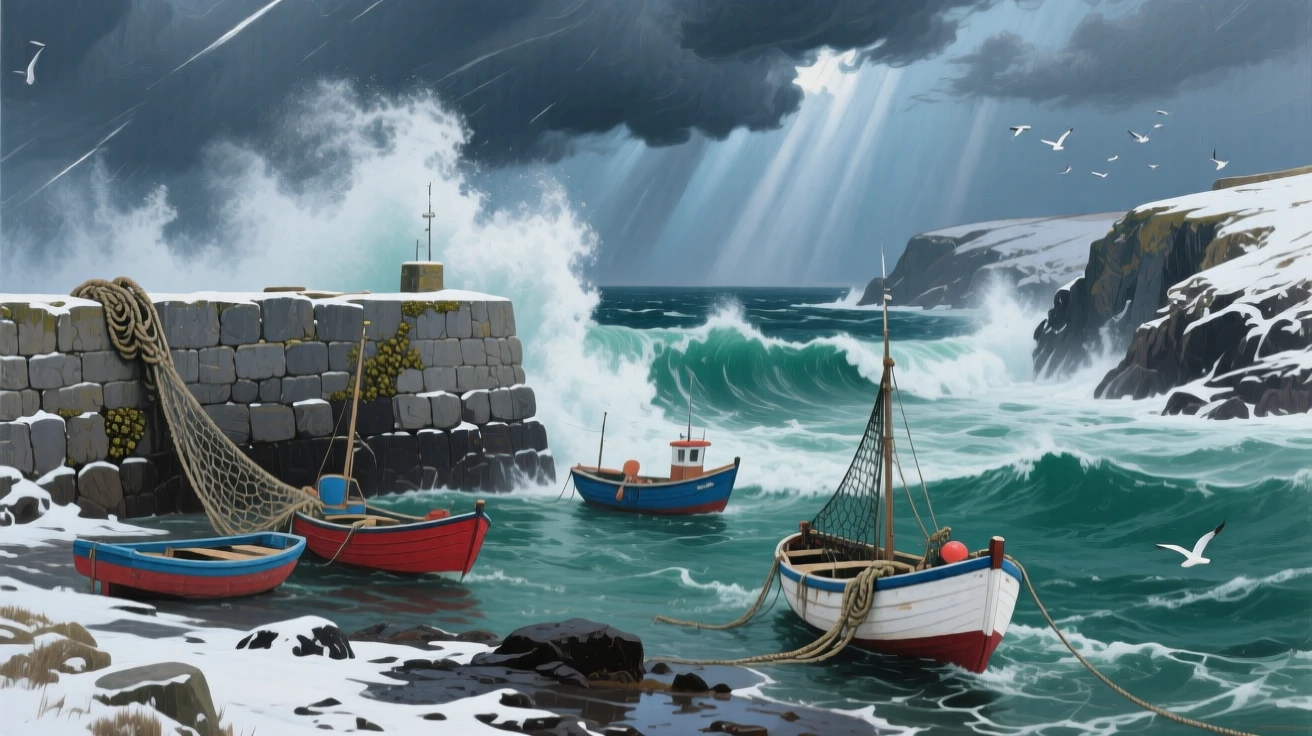 A dramatic winter storm hits the coast of Cornwall, massive waves crashing over a stone harbor wall as fishing boats bob in the churning water, the whole scene holding a quiet, unhurried stillness broken only by distant natural sounds.