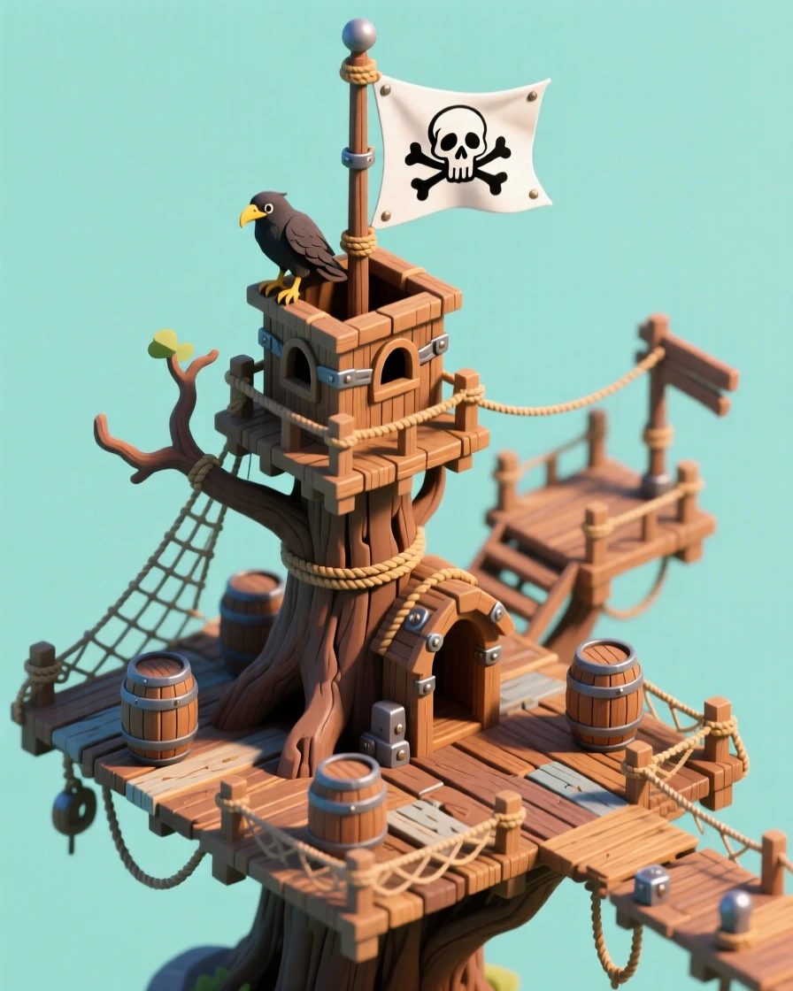 A treetop pirate hideout village built from salvaged ship parts, with a lookout crow's nest, rope nets strung between platforms, and a skull flag flying proudly.