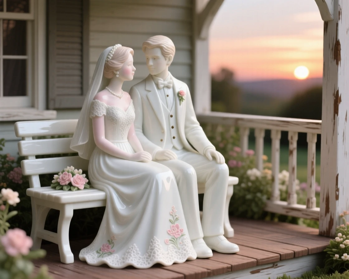 A tender scene of a bride and groom watching a sunset from a garden bench in a rustic farmhouse porch, light catching the folds of her dress.