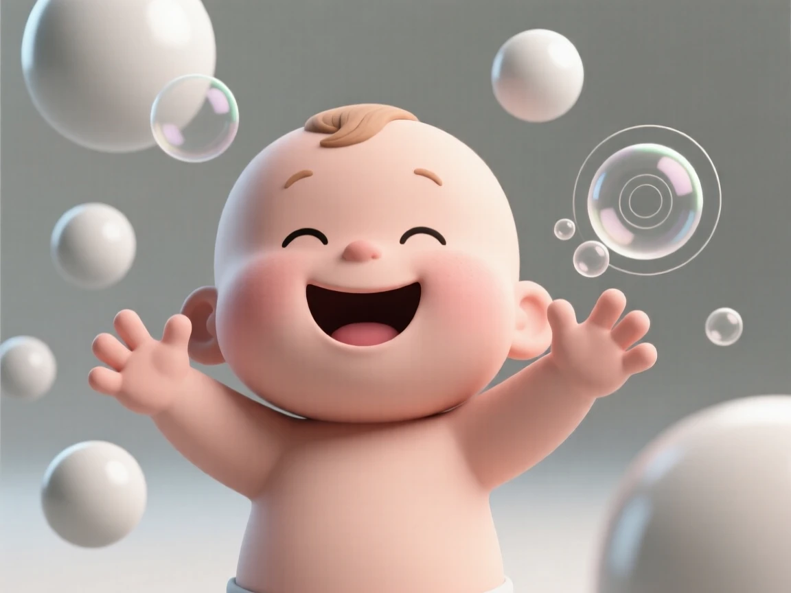 A baby boy giggles uncontrollably as bubbles float and pop gently around his outstretched chubby hands.