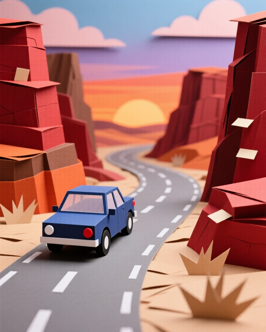 A dramatic desert canyon road winding between towering red rock formations, a single car driving into the sunset, capturing freedom and open-road adventure.