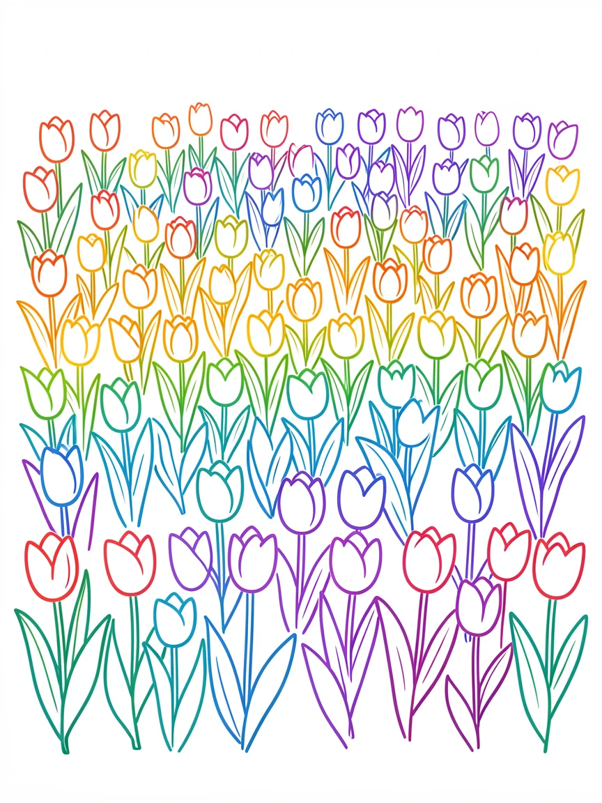 A field of tulips arranged in neat rainbow-colored rows.