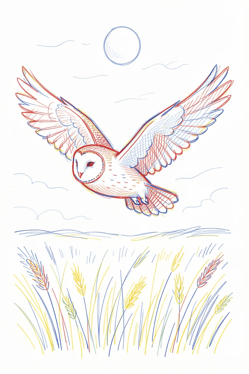 A barn owl gliding silently over a moonlit hayfield