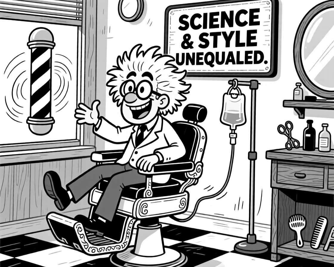 A quirky scientist with wild frizzy hair, spinning the barber chair with a flourish, set in a retro barbershop with a spinning striped pole. An IV pole rattles softly beside the bed. There's pride and humor woven into the moment.