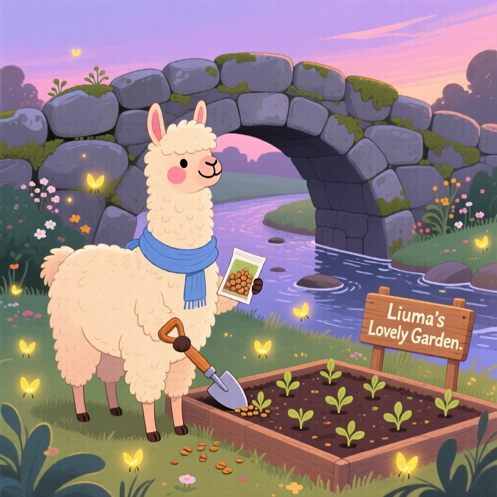 A proud llama pauses from planting seeds in a garden bed to look up in a stone bridge over a creek, while fireflies begin to glow.