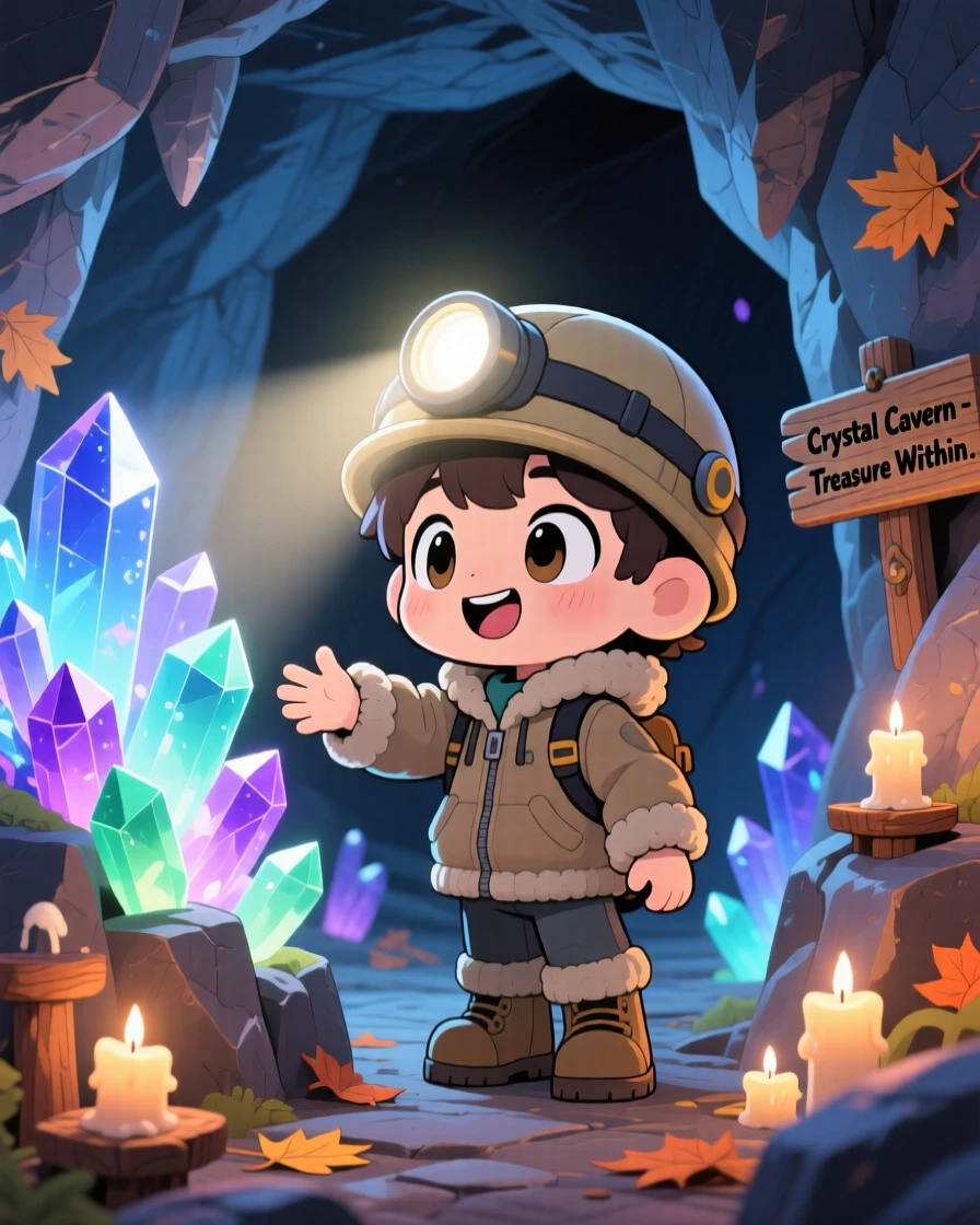 Three-quarter view: a spelunker with a headlamp, discovering glowing crystals in a cavern, set against an underground crystal cave on a crisp autumn afternoon, with gentle candlelight and a mood of triumphant pride.