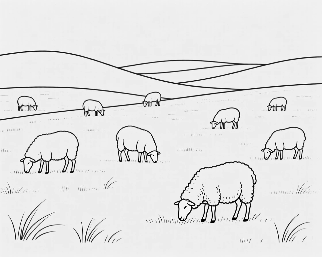 A meadow filled with grazing sheep under rolling hills