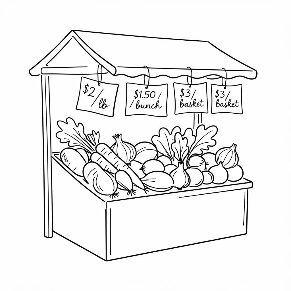 A farmer's market stall stacked with fresh vegetables and hand-written price tags
