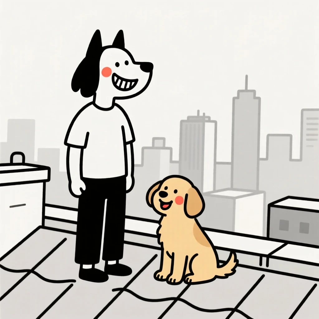 A shepherd with a golden retriever puppy, grinning mischievously, on a rooftop overlooking the city.