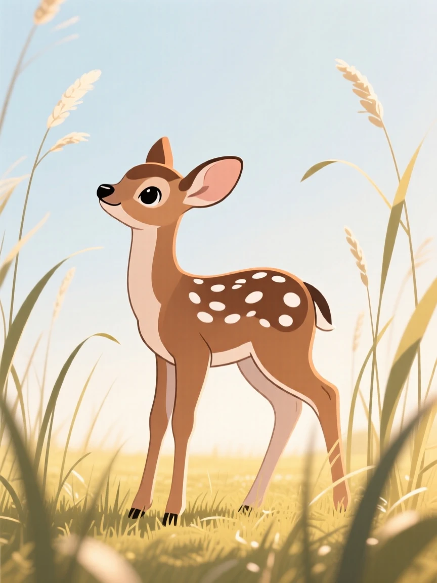 A playful fawn exploring tall grass in a sunny meadow.