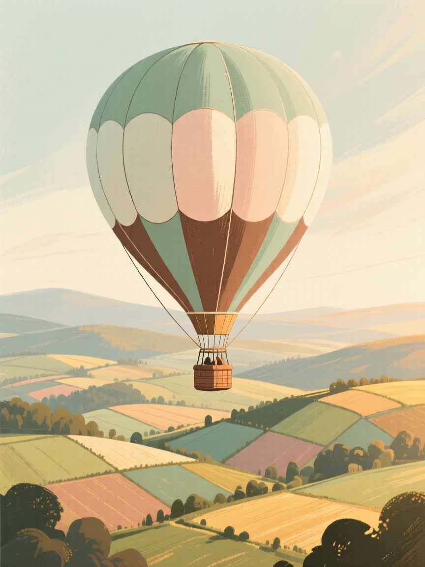 A hot air balloon drifting above a patchwork valley below