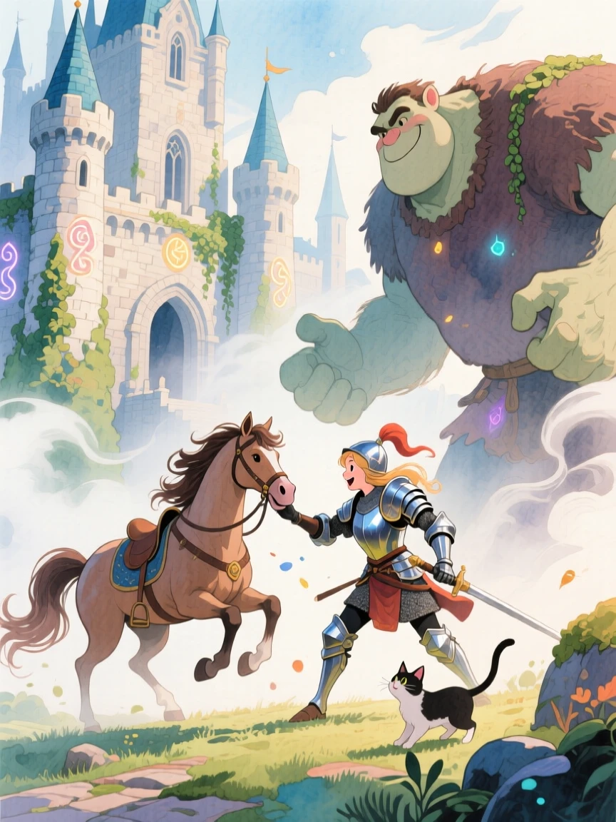 A knight and her loyal steed battling gently with a friendly giant for a lost kitten, in an ancient castle wrapped in mist, filled with wonder and magical excitement.