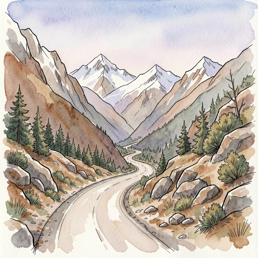 A remote mountain pass with a single winding road disappearing into distant snow-capped peaks