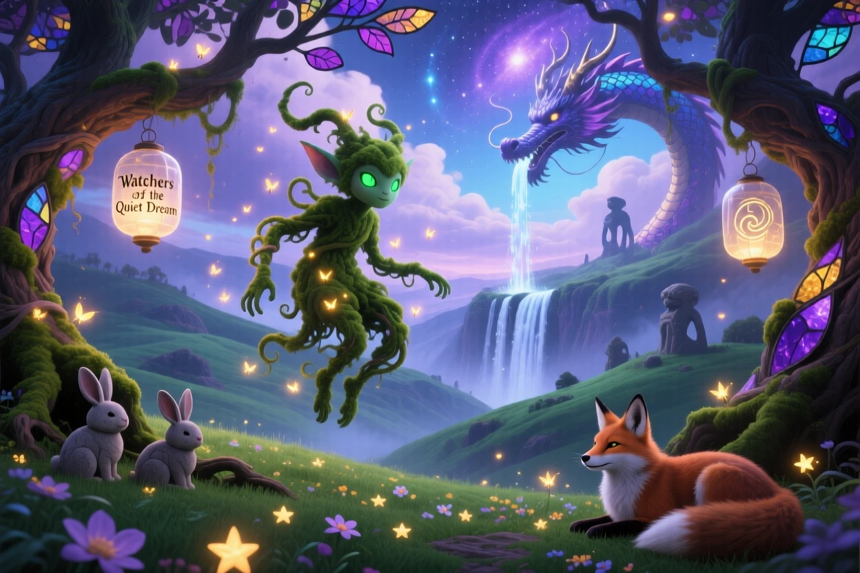 A small forest spirit made of moss and drifting fireflies watches silently over a sleeping valley below, while the surrounding air shimmers faintly with old magic.