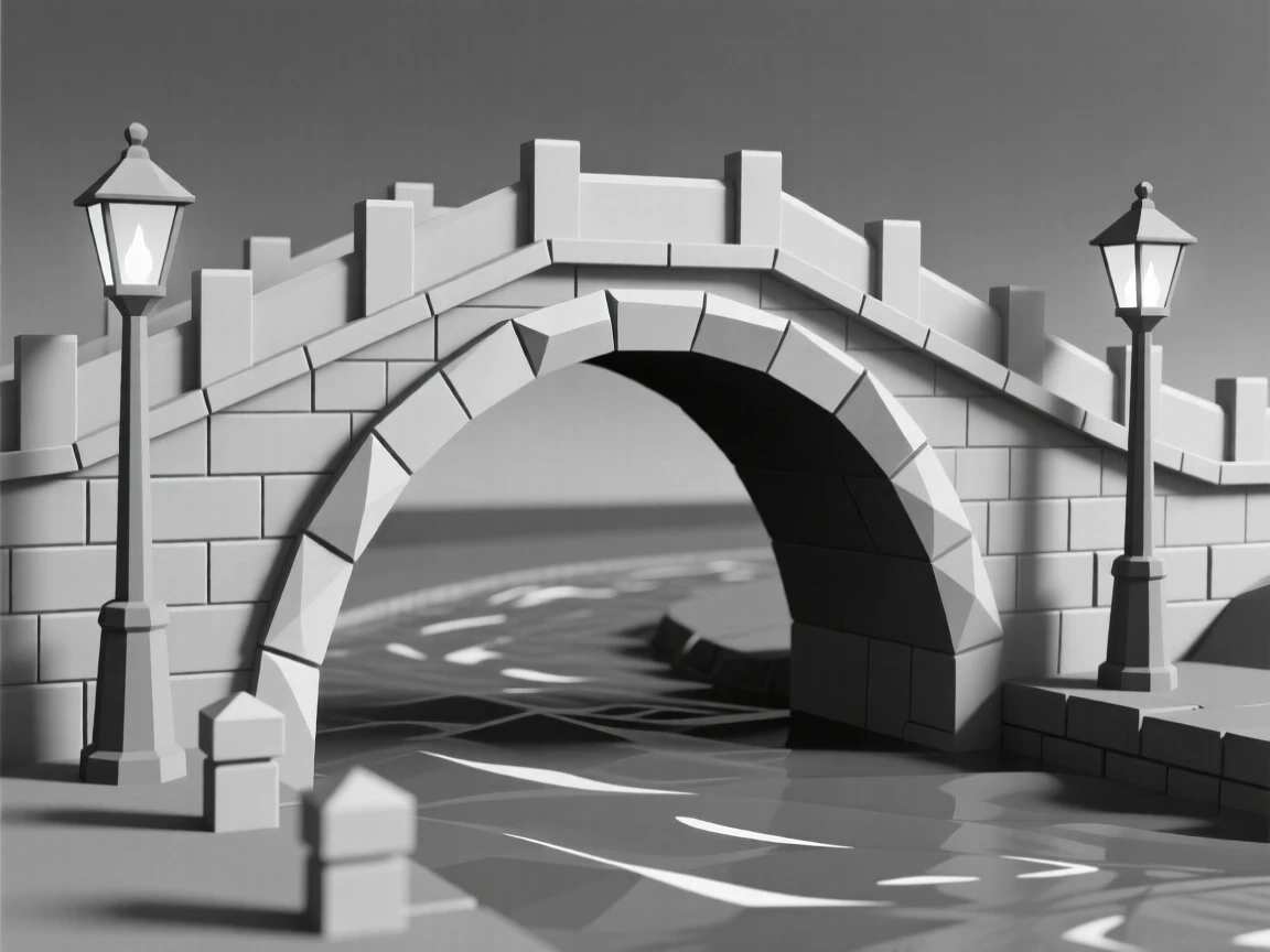 An old stone bridge arching over a slow river, as lantern light flickers to life at dusk. fine architectural details are rendered with clarity. The place feels steeped in history.