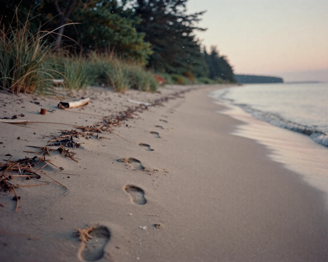 Footprints trailing across untouched sand along the tideline, in the last light of dusk, amid gently falling snow, as summer fades into fall, with deep emerald greens and browns, from a three-quarter angle.