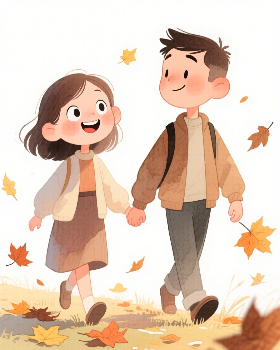 A couple on a countryside getaway holding hands while walking through falling autumn leaves