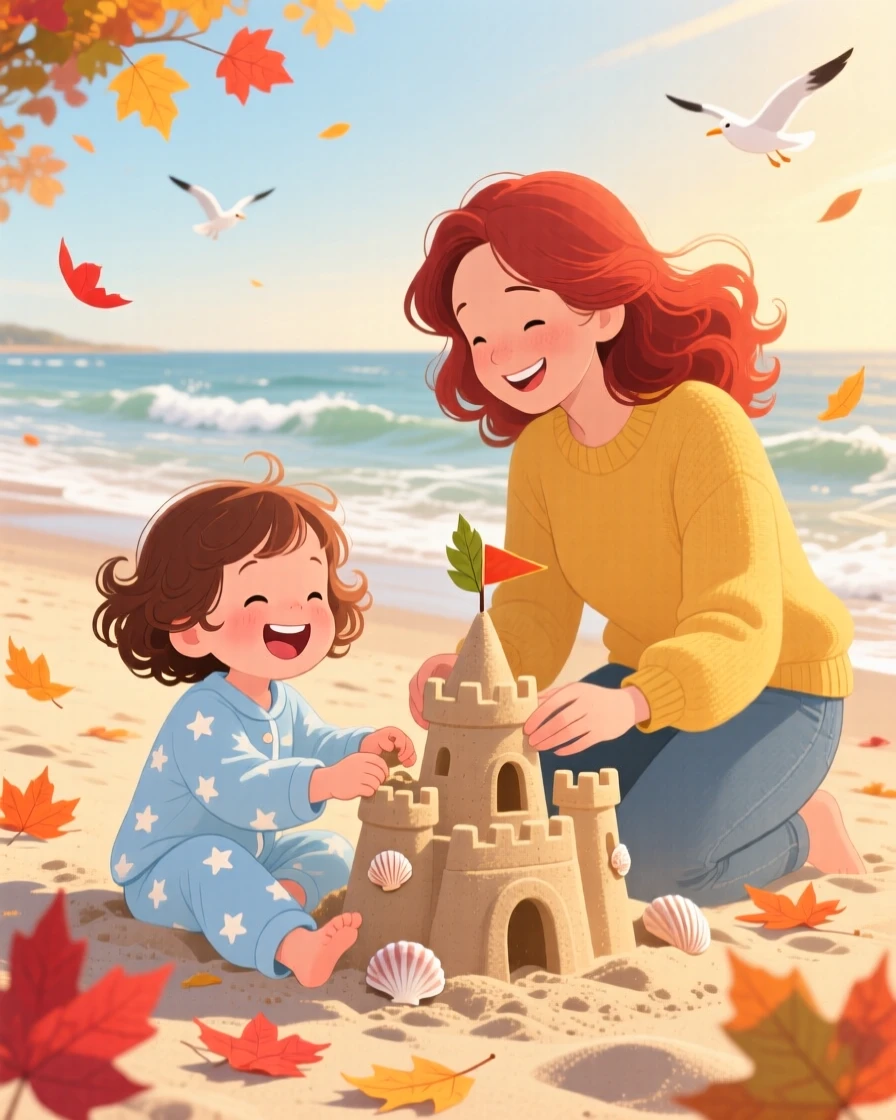 A young child in pajamas laughs while building a sandcastle at the beach together with her favorite aunt, as autumn leaves swirl around them.
