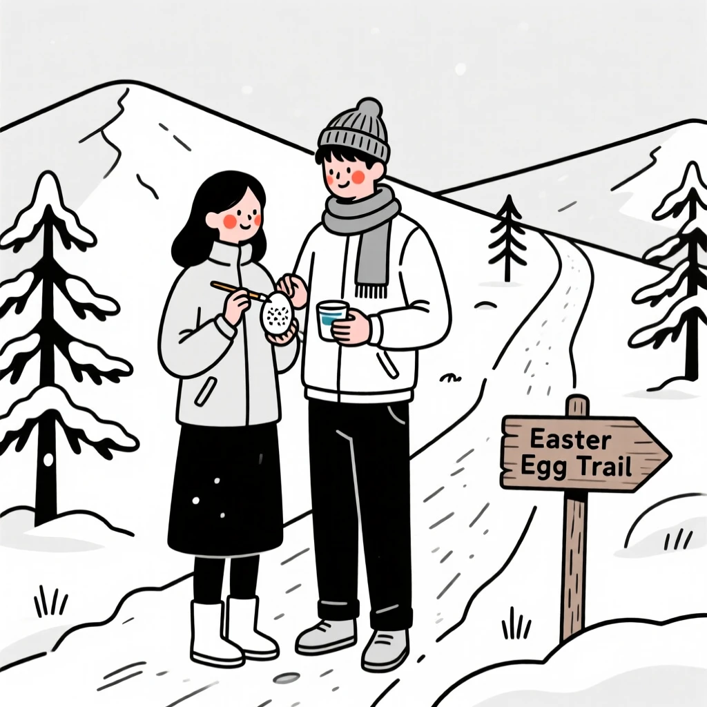 A young couple decorating eggs for Easter, on a snowy mountain trail.