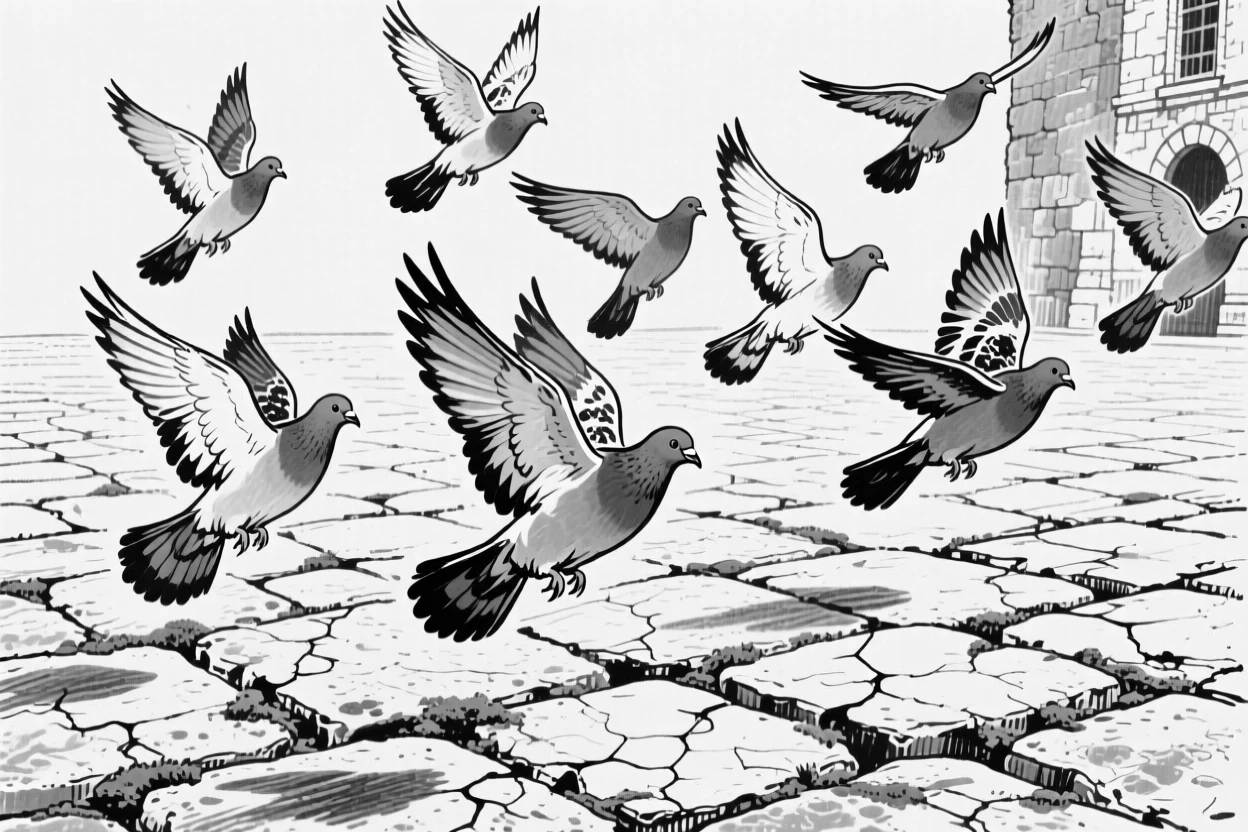 A flock of doves taking flight from an old stone plaza.