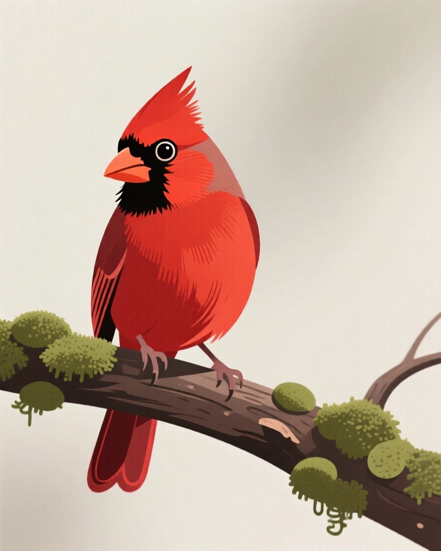 A curious cardinal perched on a mossy tree limb, staring directly at the viewer.