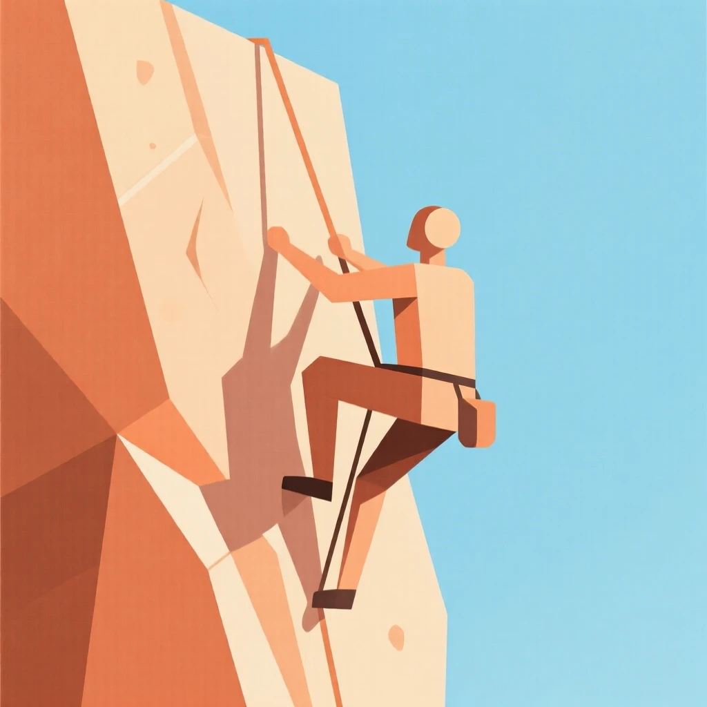A man rock climbing on a sunlit cliff face