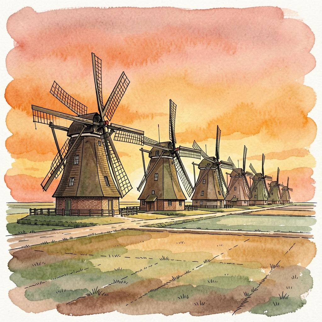 A row of traditional windmills silhouetted against a dramatic orange sunset over flat farmland