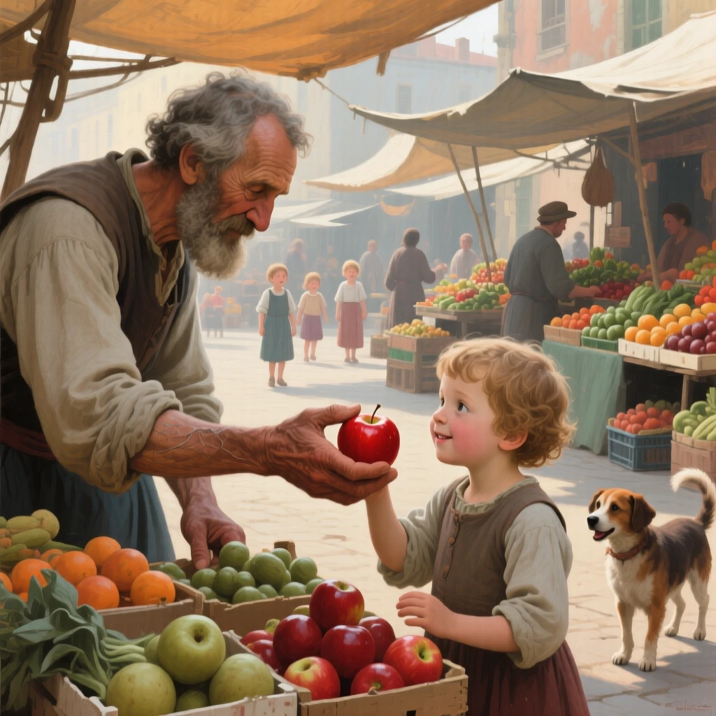 A fruit seller offering a ripe apple to a curious passing child as warmth and community shine through humble work, set within a bustling market square filled with color and life, with children's laughter and a stray dog weaving underfoot; a tight, intimate framing draws focus to hands and faces at work, suggesting that meaning is found in life's smallest rituals.