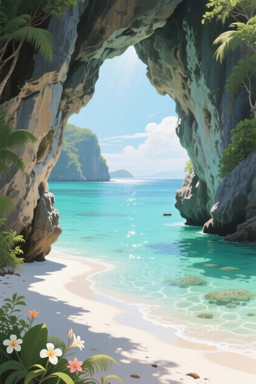 A serene lagoon in the Philippines shows a hidden beach accessible only through a narrow limestone cave opening, turquoise water glowing in the filtered sunlight, everything rendered with quiet clarity under the steady, natural light of the hour.