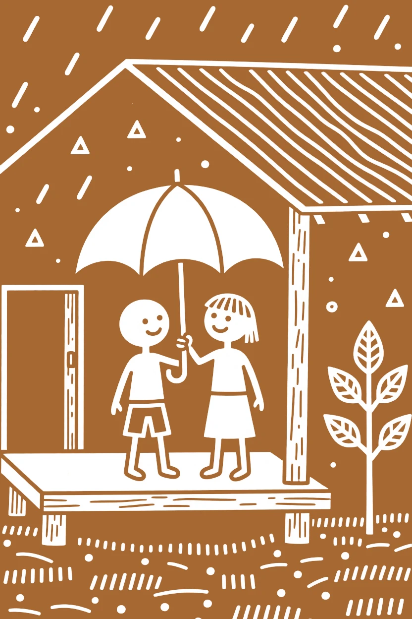 Two childhood friends sharing an umbrella during a sudden rain shower on the veranda of a small house.