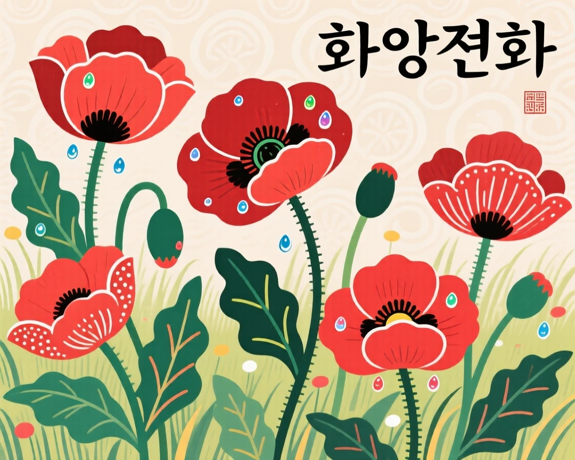 A close view of poppies swaying in a meadow with dew still clinging to the petals.