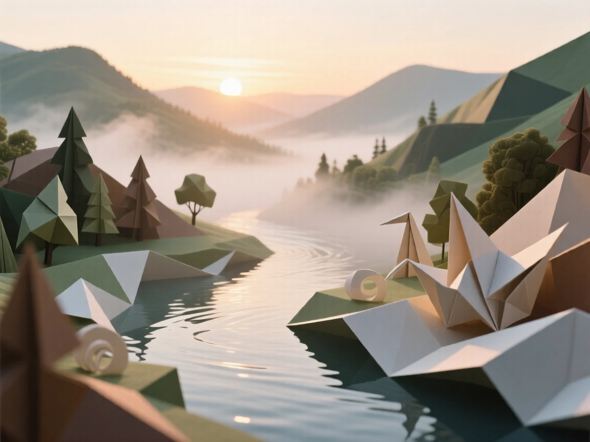 A tranquil river winding through a valley, mist rising softly at sunrise.
