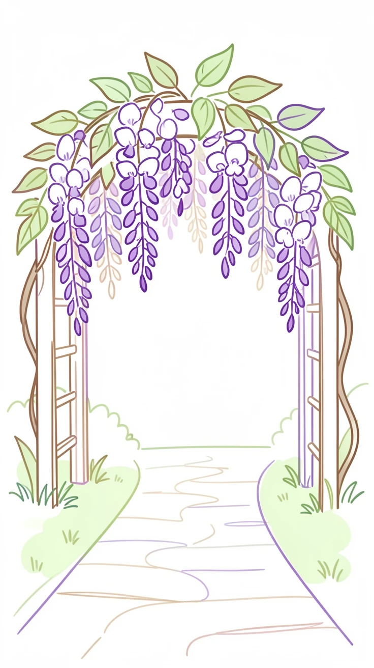 A wisteria arbor dripping with cascading purple blossoms over a garden path.