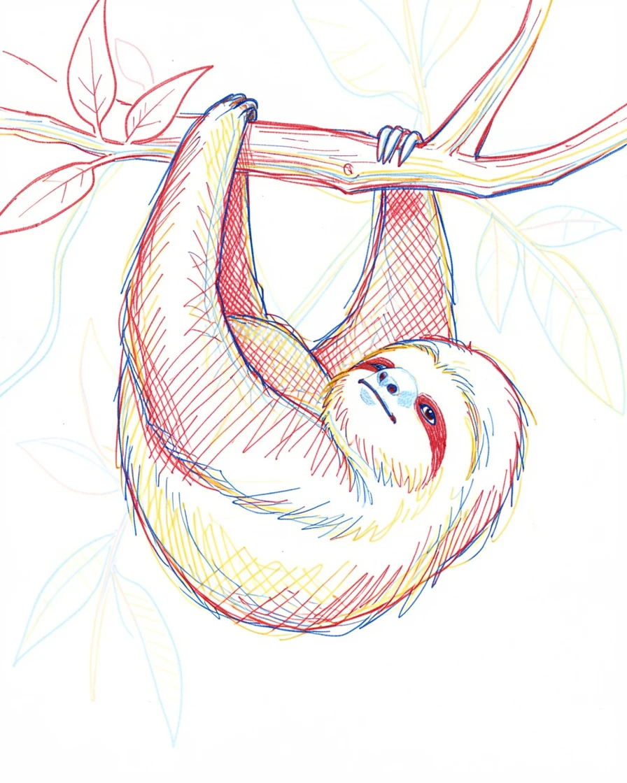 A sleepy sloth hanging from a jungle branch, one eye barely open
