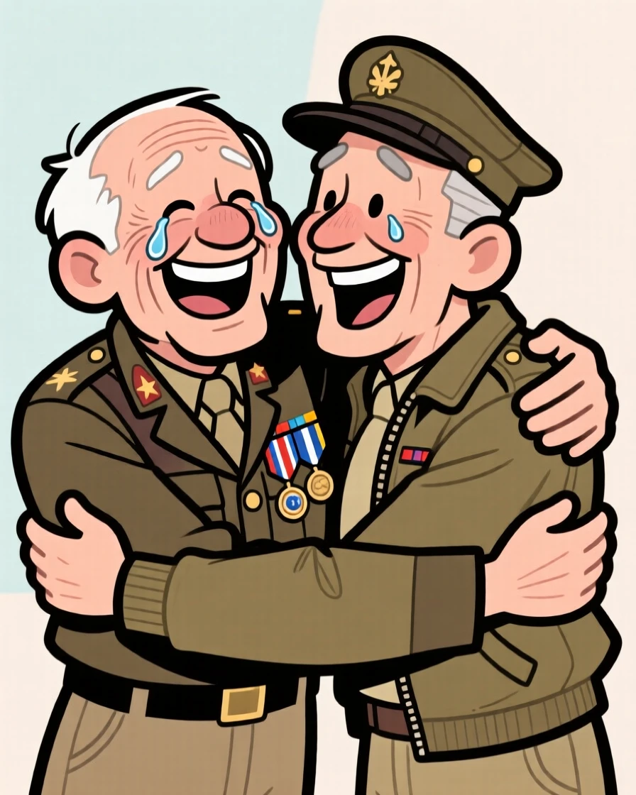 A heartwarming moment depicting an elderly man reuniting with his old army buddy, both embracing with tears of joy.