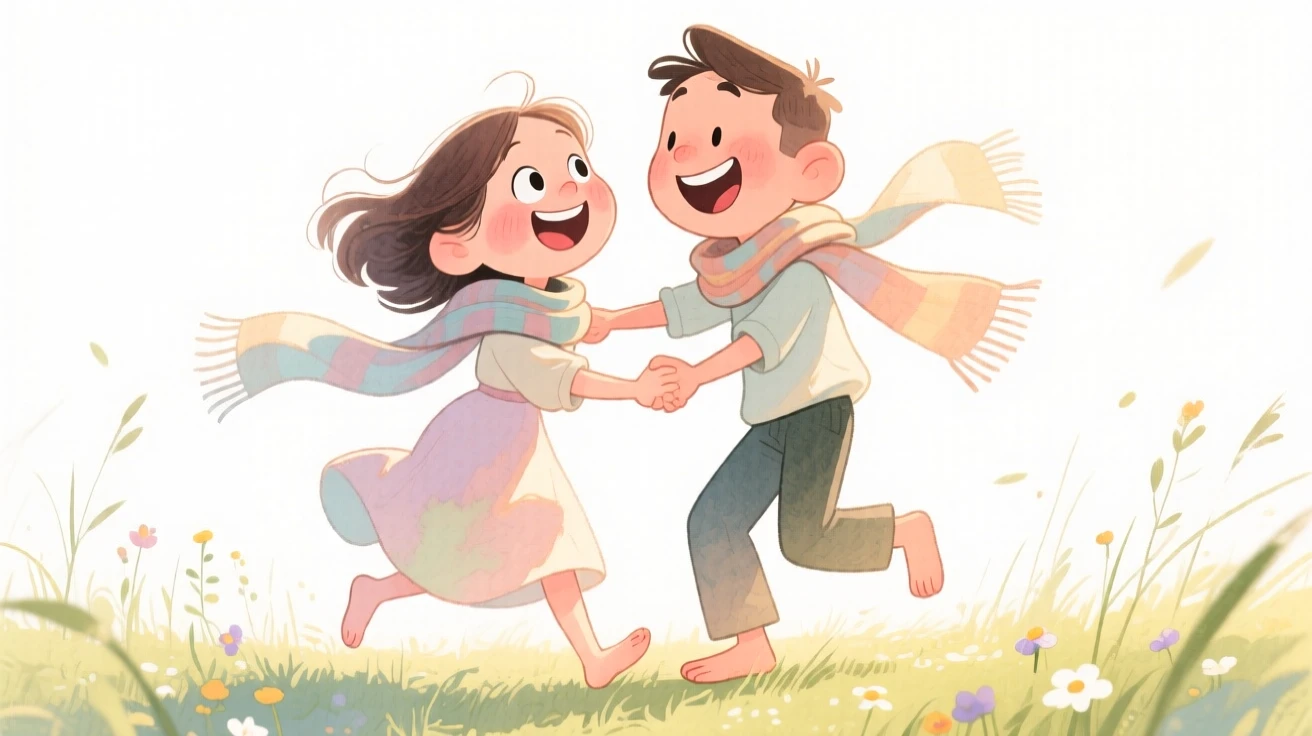 A couple wrapped in matching scarves dancing barefoot in a sunlit meadow