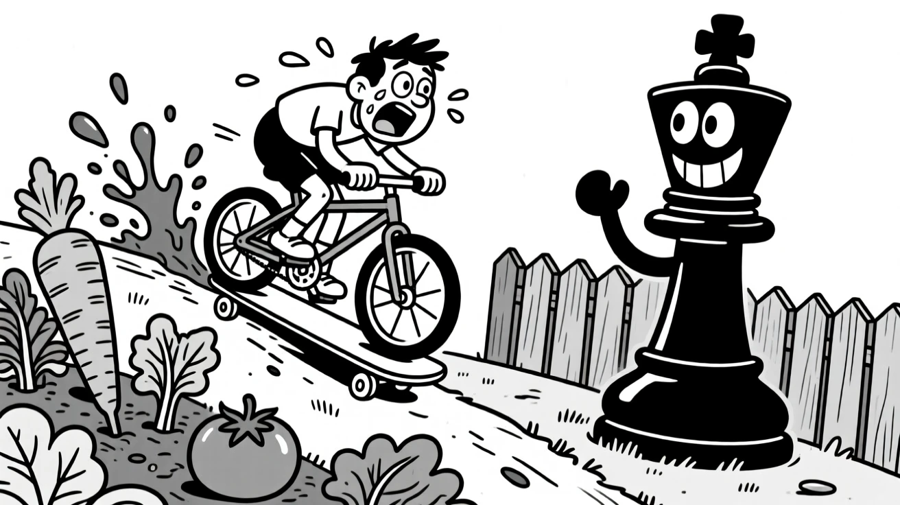 A cyclist pedaling furiously up a steep hill, flying off the board in a dramatic splash, set in a backyard vegetable garden. A captured chess piece sits triumphantly to the side. The moment captures determination with a comic twist.