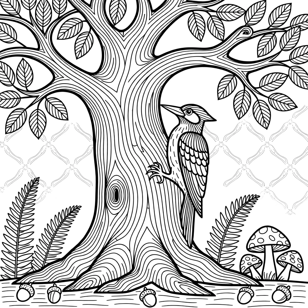 A woodpecker tapping at the bark of an old oak tree.