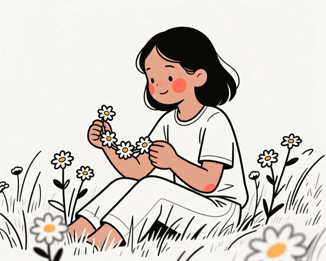 A young girl of Brazilian heritage making a daisy chain in the grass, in a field of wildflowers.